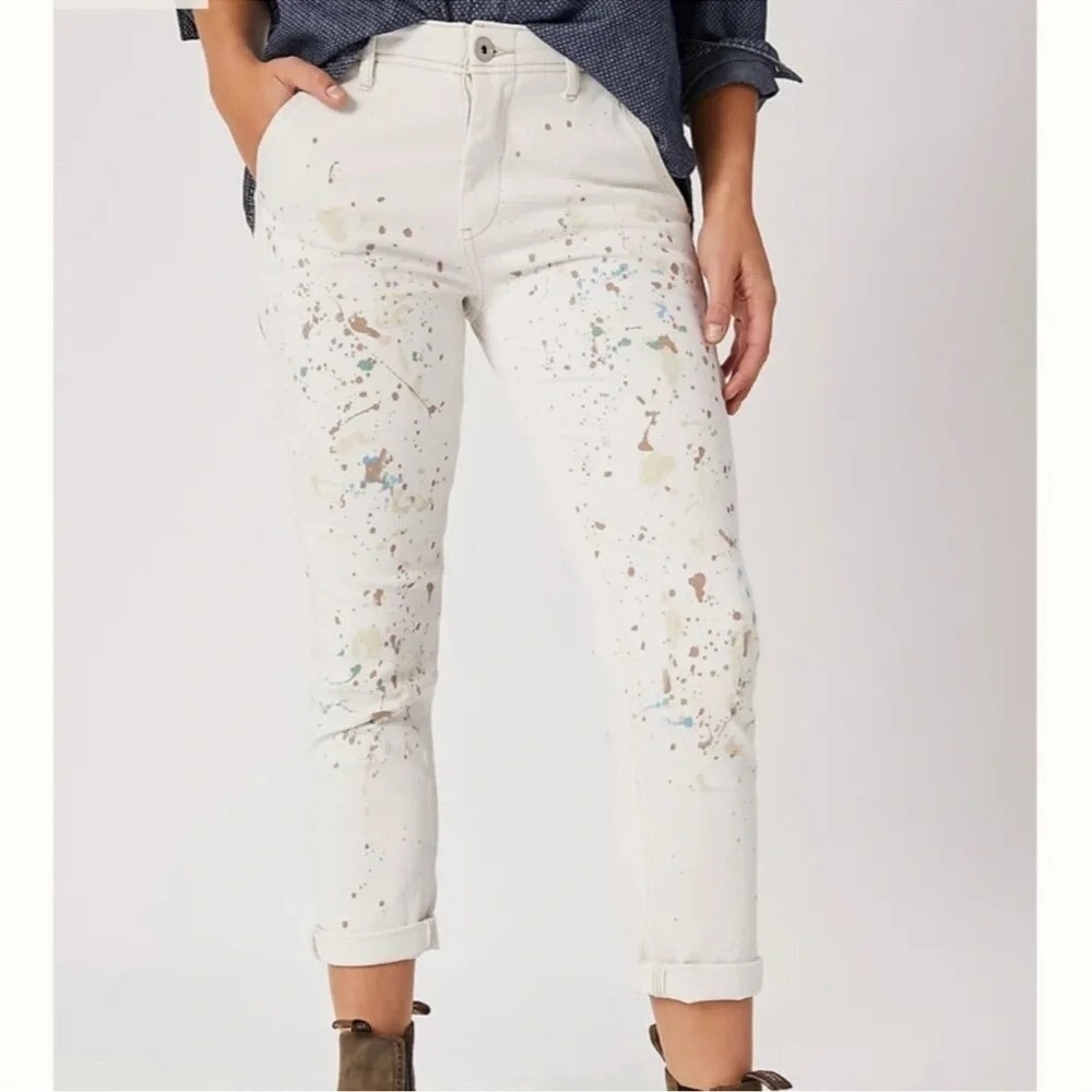 Anthropologie Pilcro‎ Denim Paint Splatter Carpenter Jeans Cream Womens 26